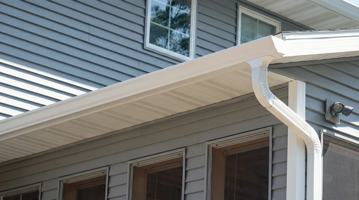 Professional home remodeling project showing newly installed white seamless gutters and downspouts on a house with gray siding in Pueblo, CO