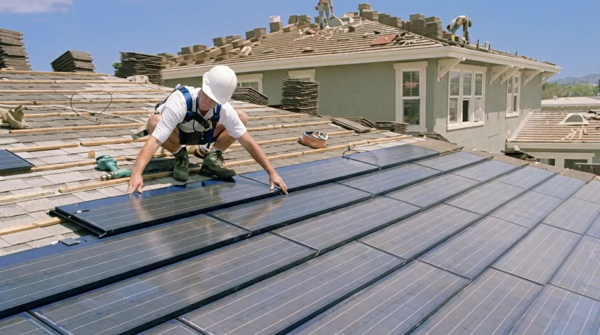 Roof replacement expert installing modern solar shingles on a residential home in Pueblo, CO