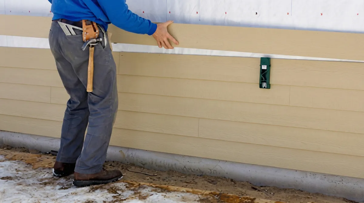 Siding replacement expert carefully aligning a new tan siding panel onto a residential exterior wall in Pueblo, CO