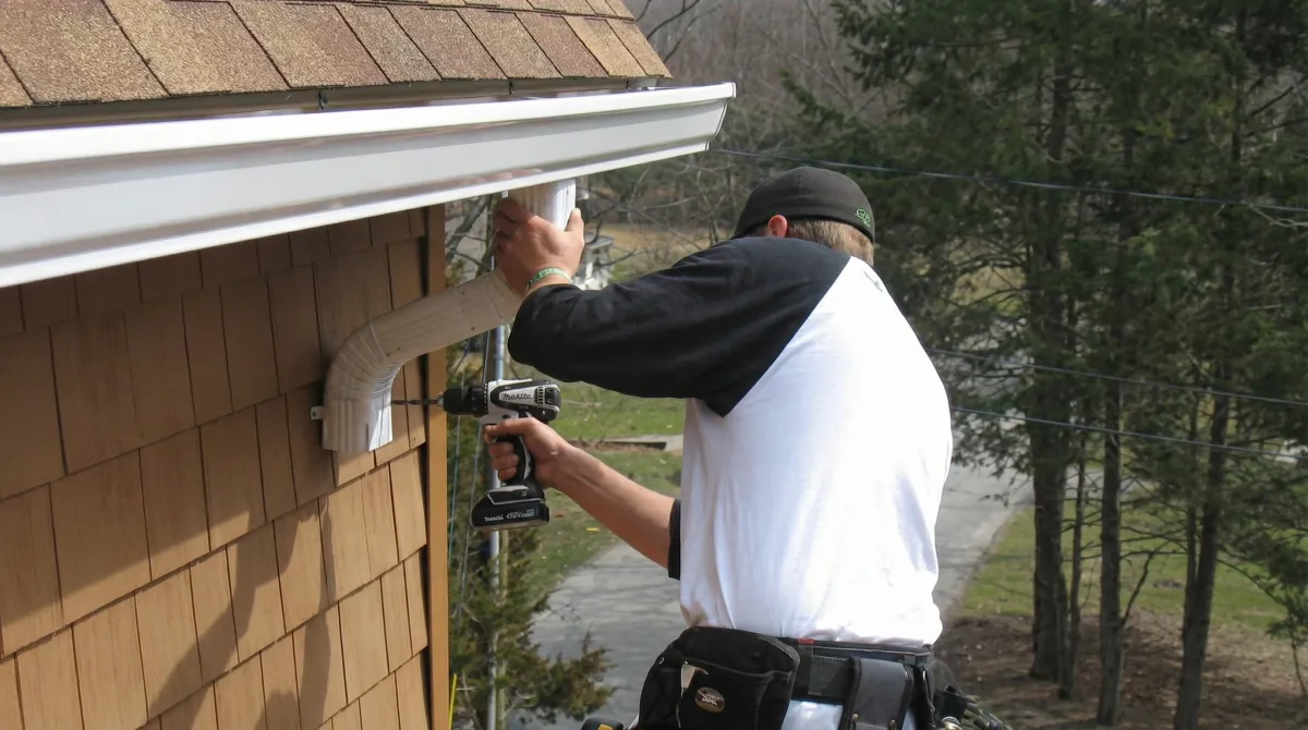 Professional contractor installing tan vinyl siding panels on a residential home exterior in Pueblo, CO