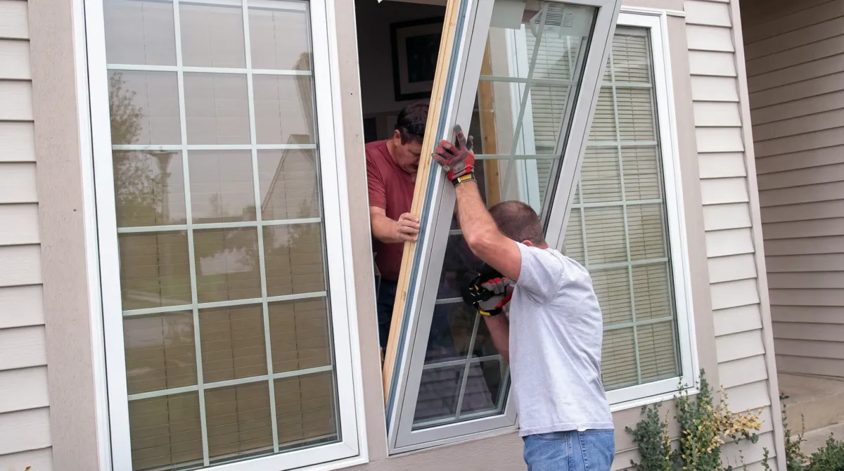 Professional home remodeling team installing a large replacement window on a house with tan siding in Pueblo, CO